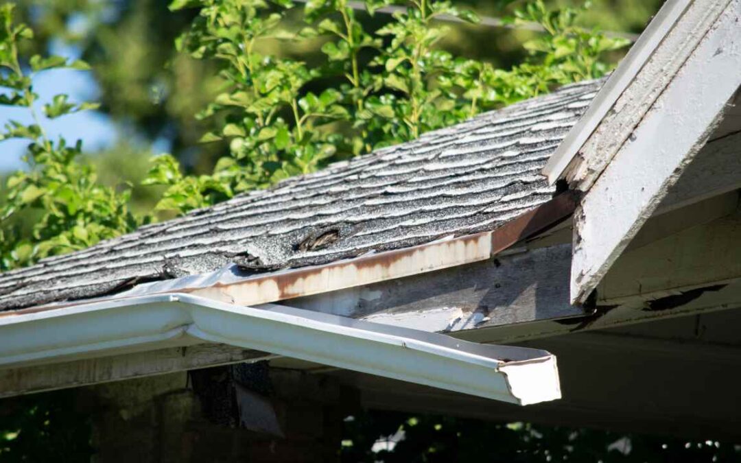 Denver home’s roof eave showing lifted asphalt shingles, rusted drip edge, rotted fascia, and a sagging gutter after weather exposure.