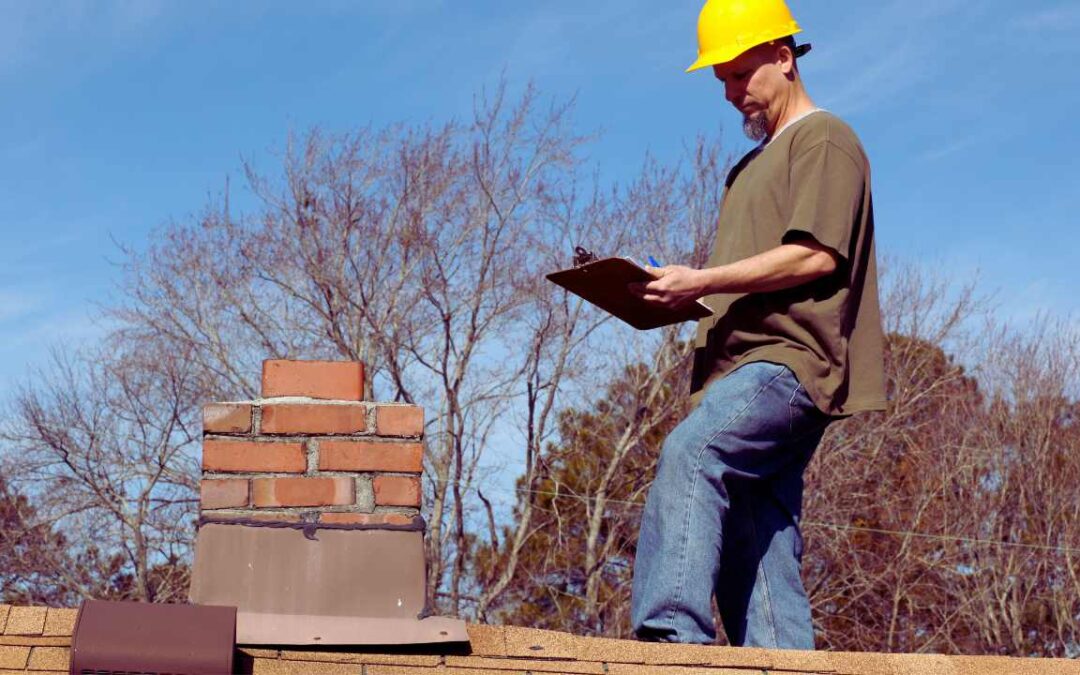 Roofing contractor in safety helmet reviewing estimate on clipboard while inspecting a brick chimney and asphalt shingle roof in Denver, Colorado