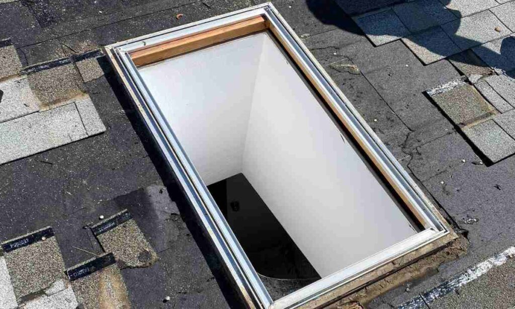 Exposed skylight cutout on a Denver roof showing missing shingles and surrounding wear highlighting potential damage areas often reviewed during insurance deductible assessments.