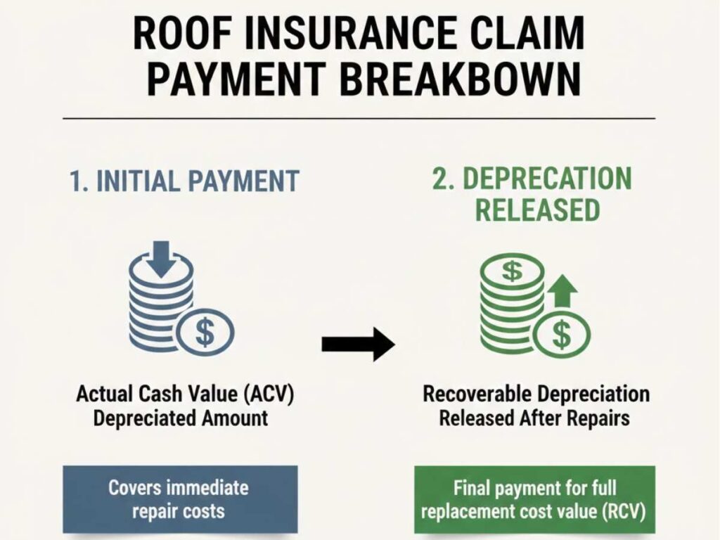 Chart explaining actual cash value and replacement cost value payments in a roof insurance claim