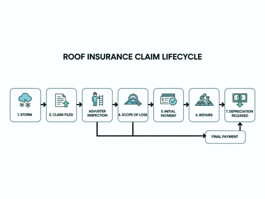 Diagram showing the stages of a Denver roof insurance claim after a hailstorm, from inspection to final payment