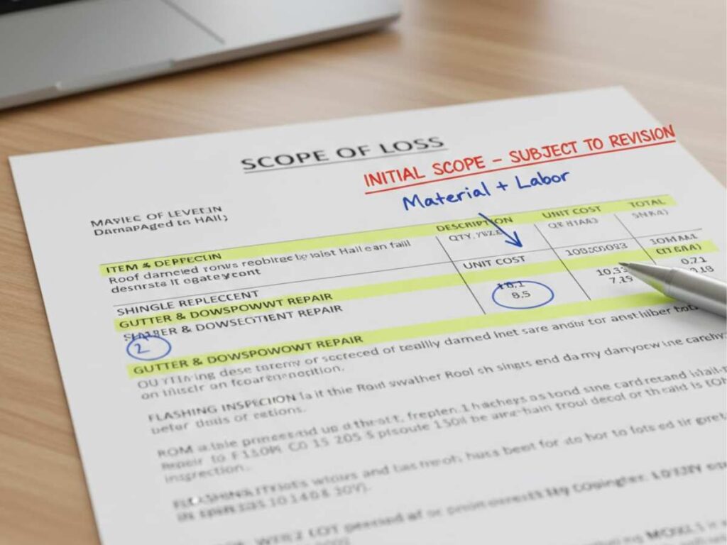 Roof insurance scope of loss document showing initial line items before repairs begin