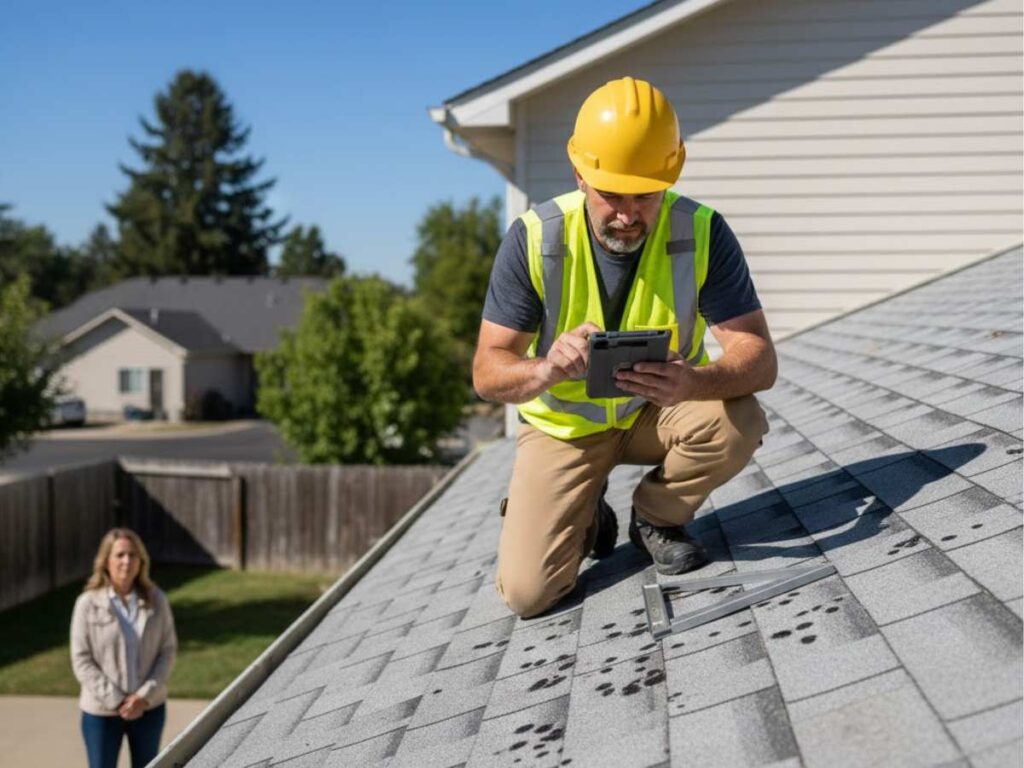 Insurance adjuster inspecting and documenting roof damage during a Denver hail claim visit