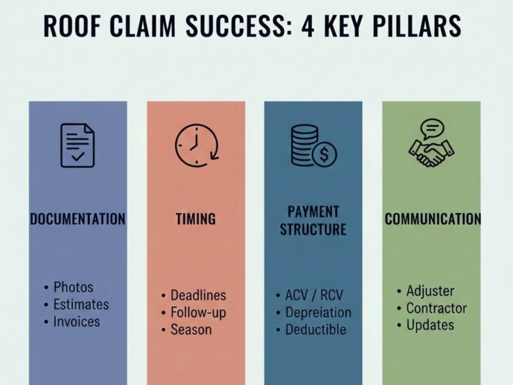 Summary graphic showing documentation, timing, payments, and communication as key factors in roof insurance claims