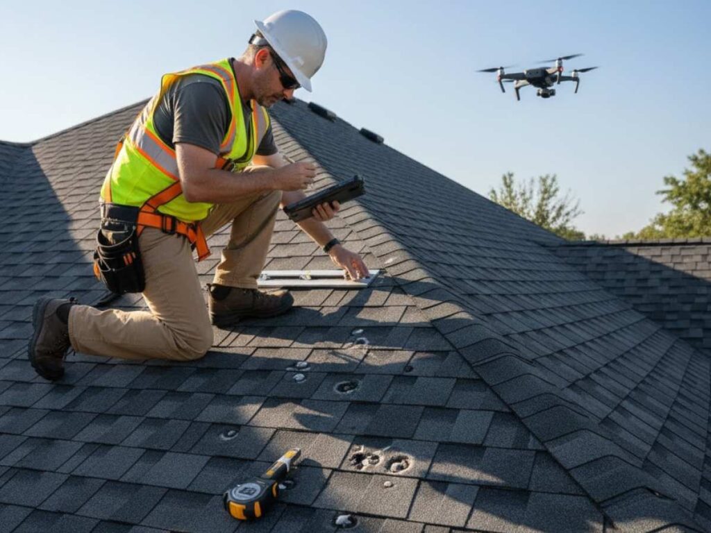 Roof inspector documenting hail damage patterns on a residential roof before an insurance adjuster inspection