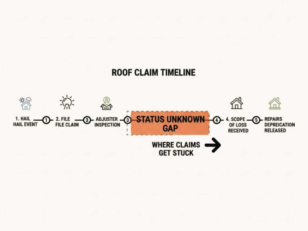 Timeline illustrating a roof insurance claim that has gone quiet without a documented status update