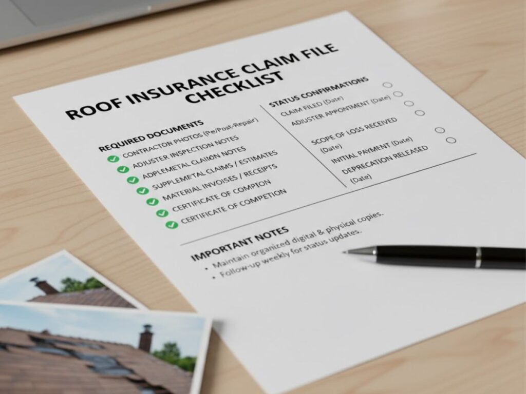Checklist showing documentation and communication steps used to correct a roof insurance claim mistake