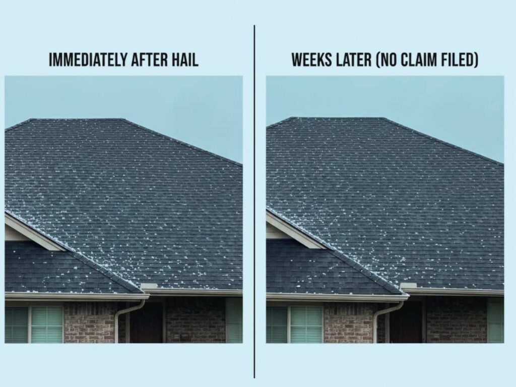 Comparison of early versus delayed roof photos after a Denver hailstorm showing why timing affects claim clarity