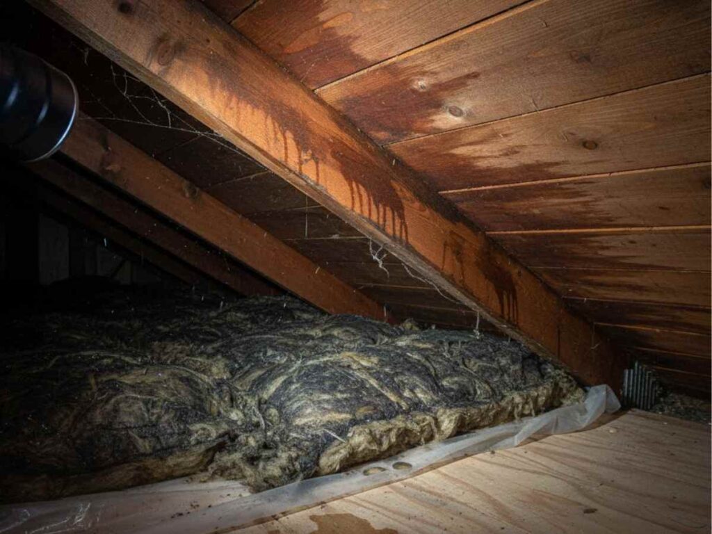 attic with wet insulation and water marks on roof decking after storm
