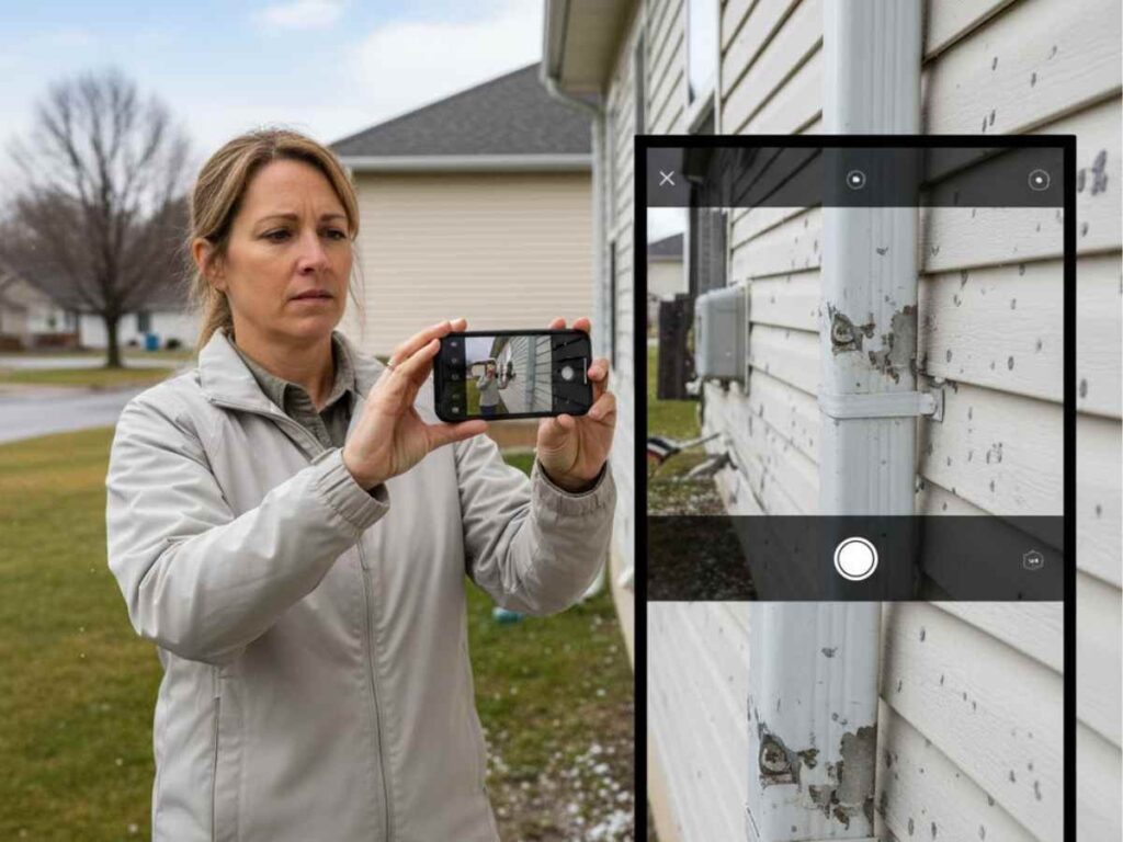 homeowner taking photos of hail damage on roof and siding for documentation
