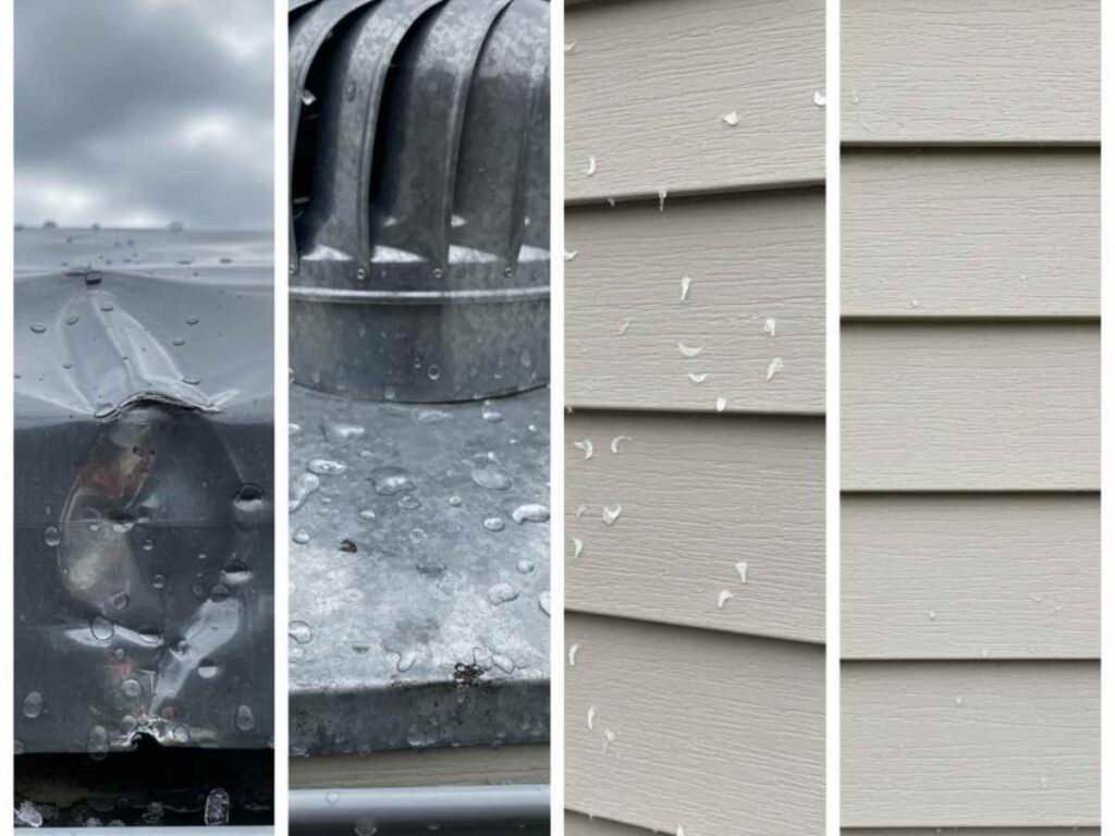 close-up of hail dents on metal roof vent and gutter compared to undamaged surface
