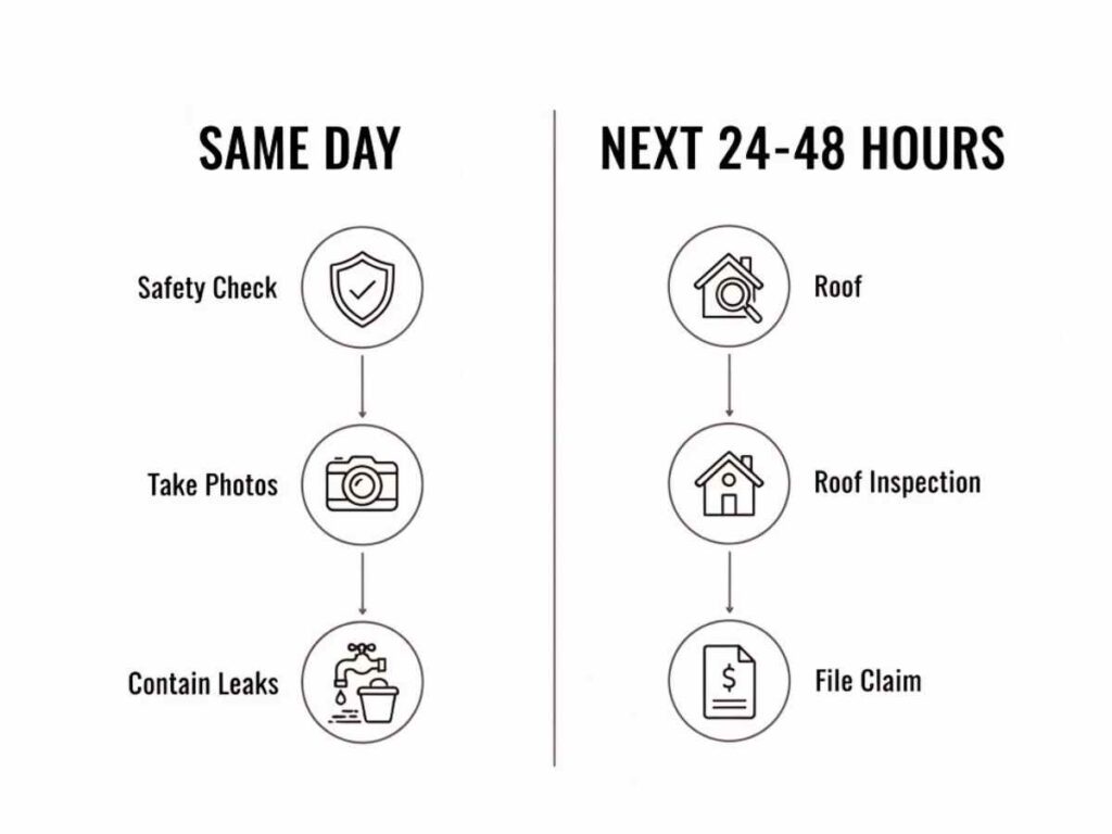 timeline showing what to do immediately and within 48 hours after a hail storm
