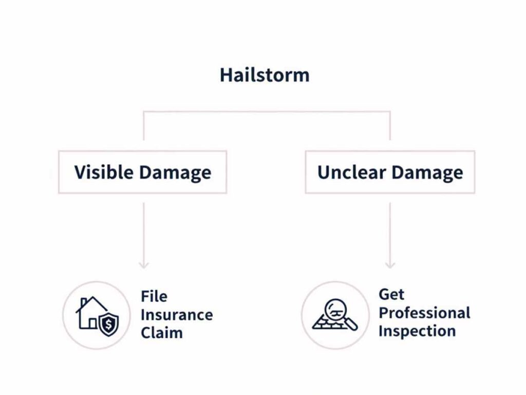 decision diagram showing when to call insurance or schedule roof inspection after hail
