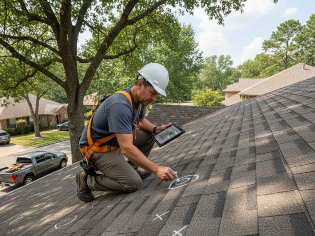 roofing contractor inspecting shingles and marking test areas after hail storm