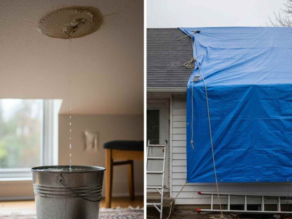 bucket collecting roof leak water and tarp covering damaged roof area
