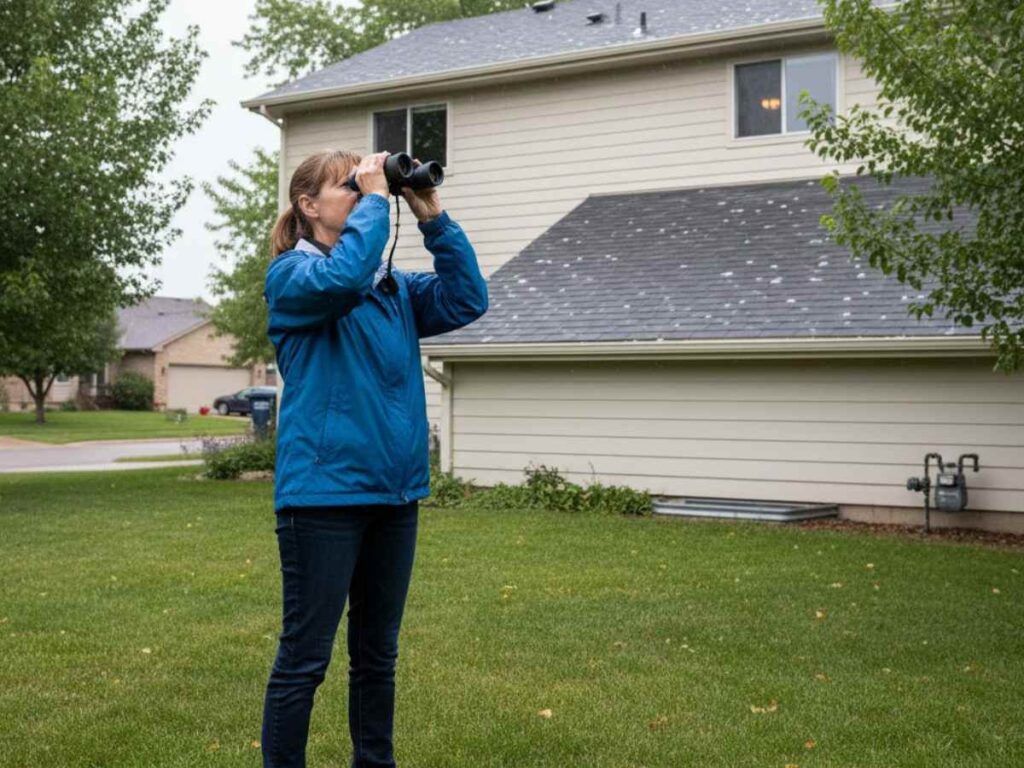 homeowner using binoculars to inspect roof for hail damage from ground level
