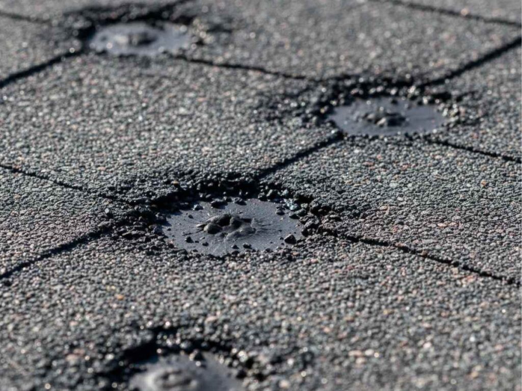 asphalt shingles showing circular hail impact marks and missing granules