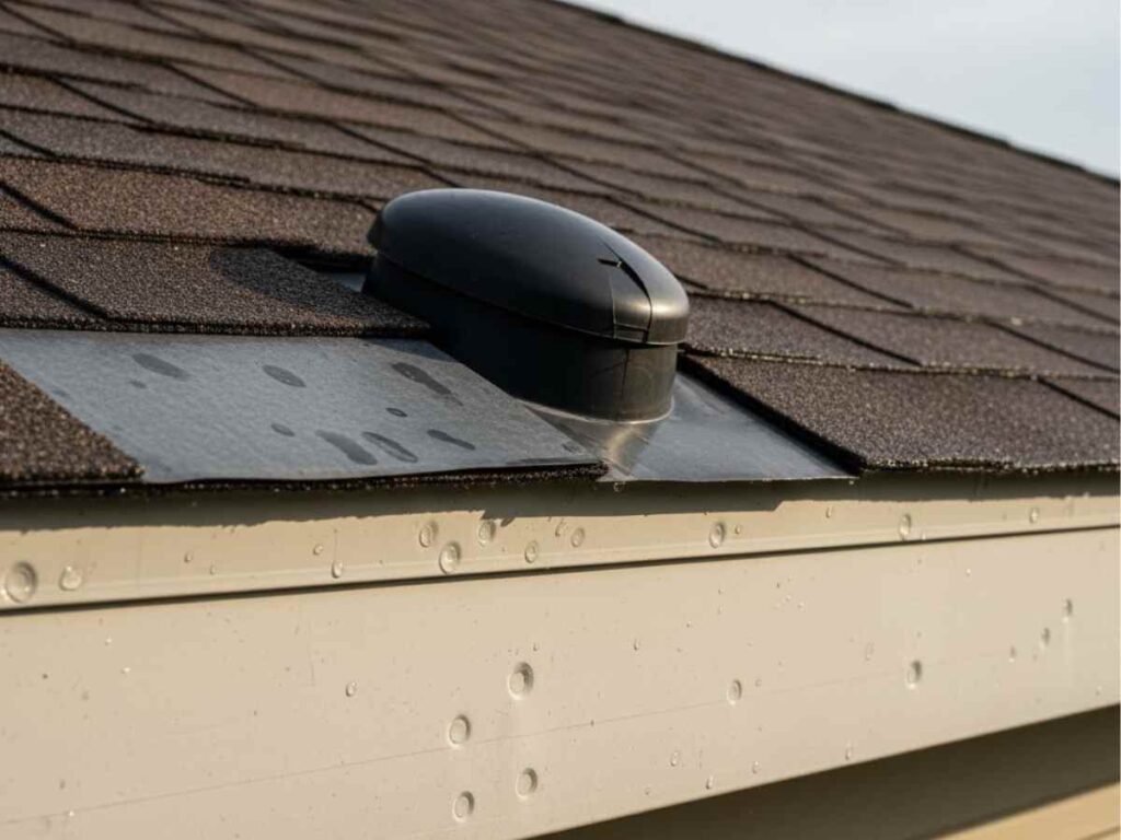 dented aluminum gutter and cracked roof vent caused by hailstorm