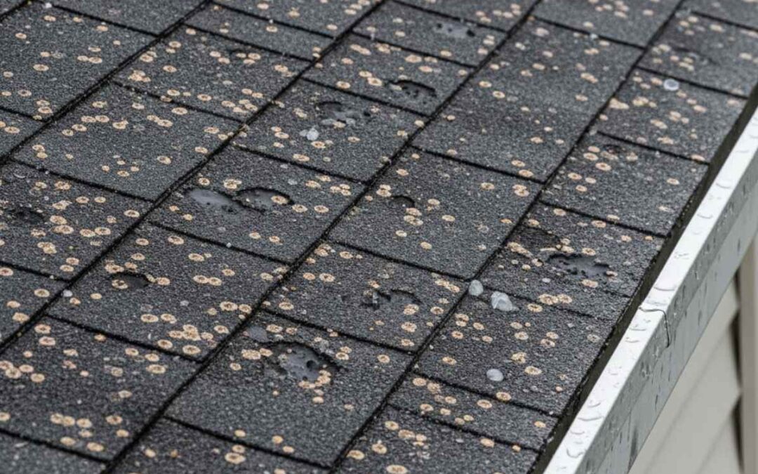 asphalt shingle roof showing hail impact marks and dented gutter after storm