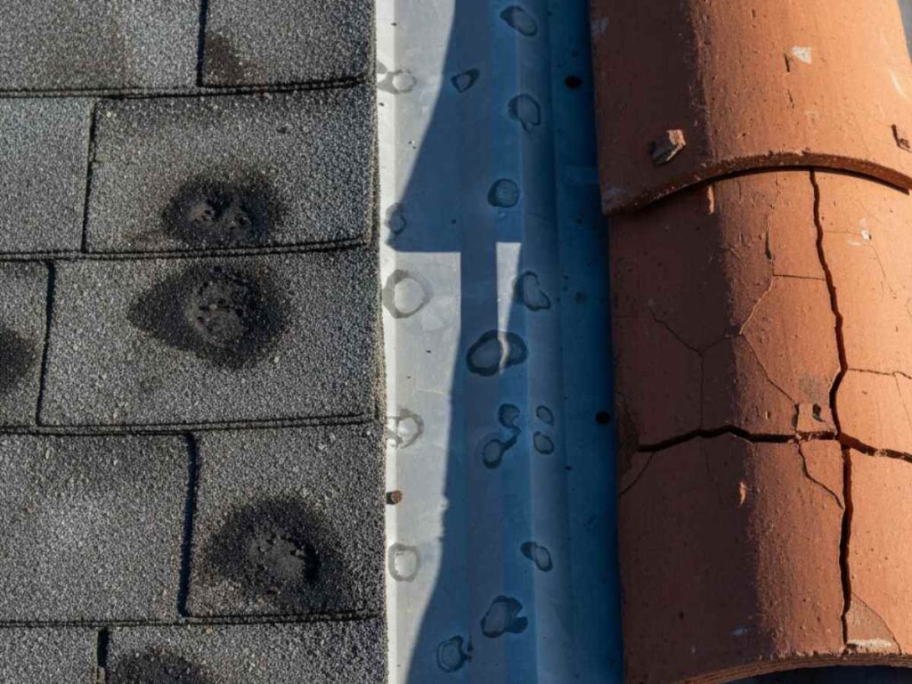 close-up roof materials showing hail dents granule loss and cracked tile