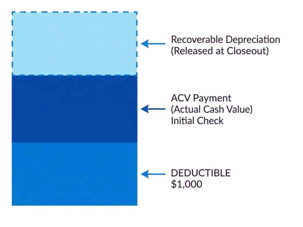 Stacked bar diagram showing how a Colorado roof insurance claim payout divides between deductible, initial ACV payment, and recoverable depreciation at closeout