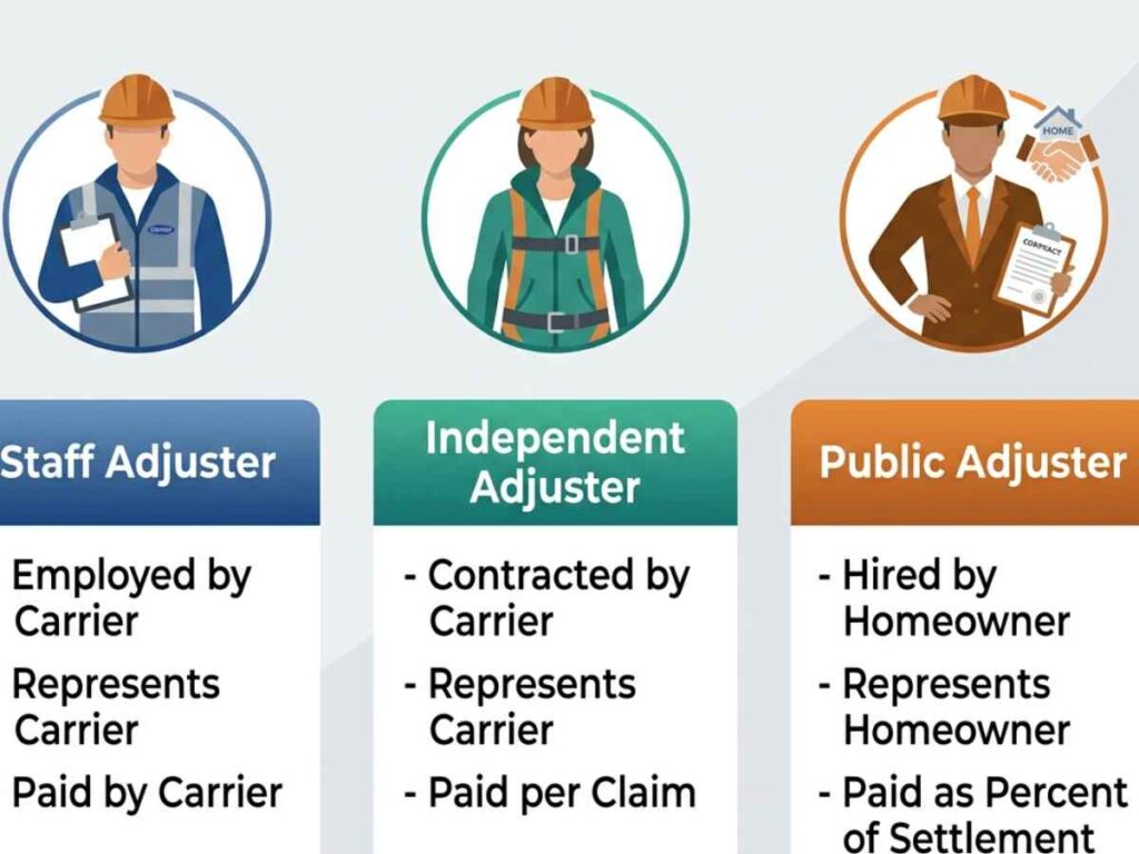 Three-column comparison of staff adjuster, independent adjuster, and public adjuster showing employer, representation, and payment structure