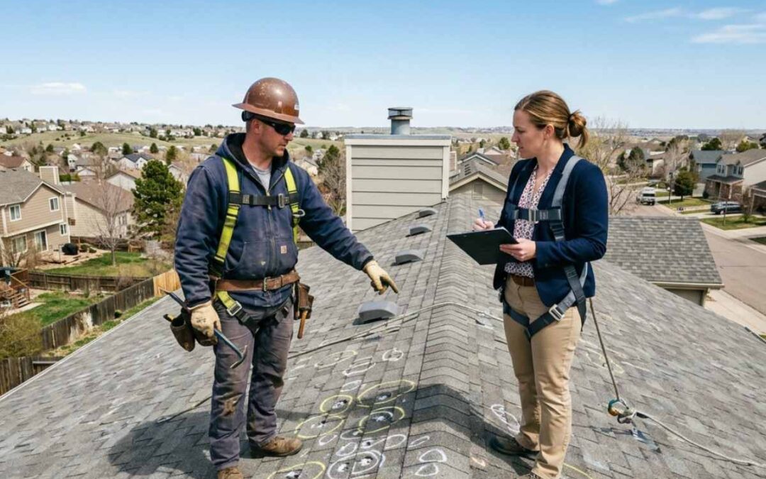 Roofing contractor and insurance adjuster on a Metro Denver residential roof with chalk-marked hail impact sites on asphalt shingles