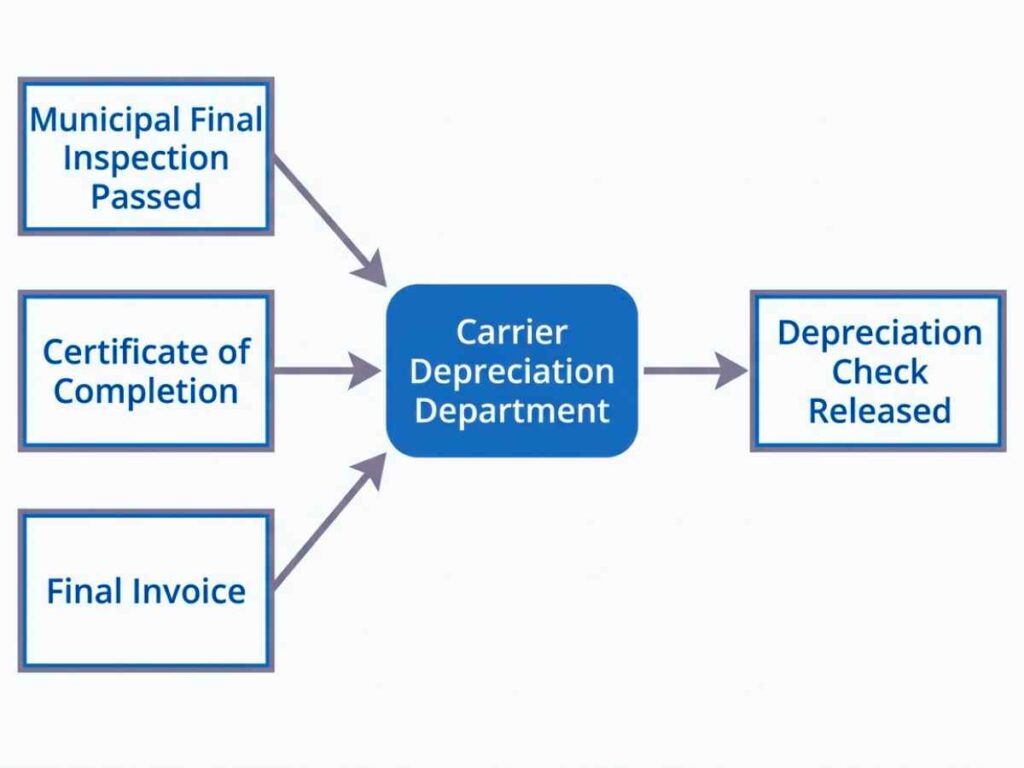 Flowchart showing three required closeout documents converging to the carrier depreciation department to trigger release of recoverable depreciation payment