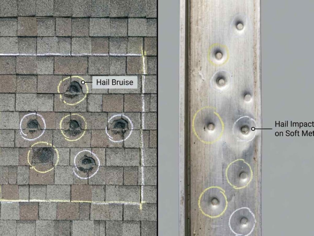 Split diagram showing chalk-marked hail bruising on asphalt shingles left and hail dimple impacts on aluminum gutter flashing right