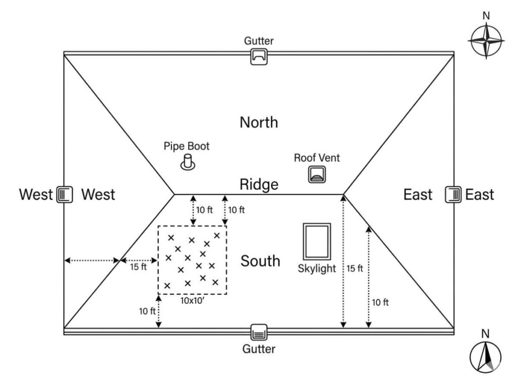 Overhead schematic of a residential roof showing slope labels, a chalk-marked adjuster test square with impact sites, measurement paths, and accessory locations