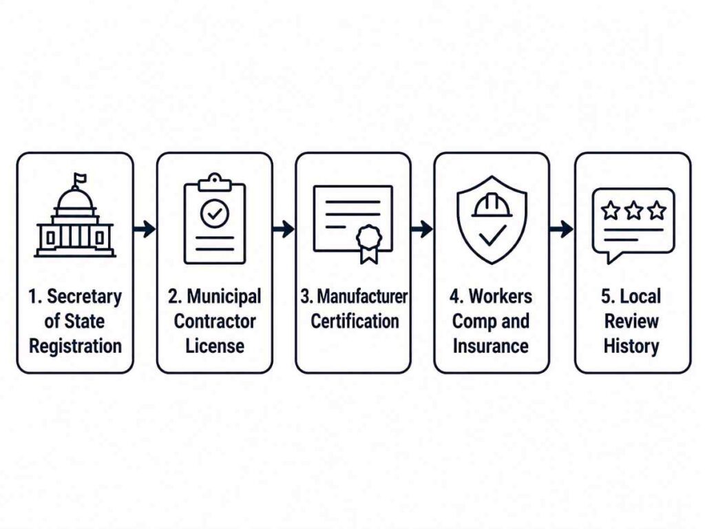 Five-step process diagram for verifying a Colorado roofing contractor after a hailstorm
