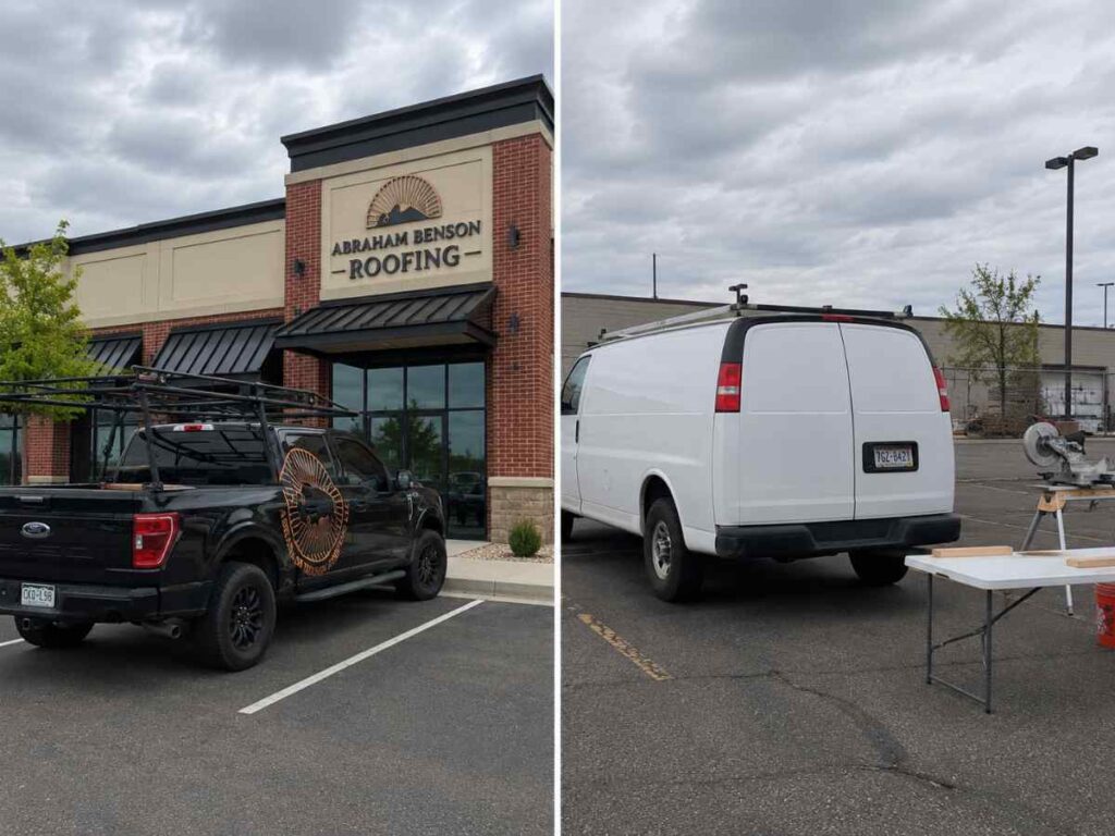 Side-by-side comparison of established local Colorado roofing contractor storefront and transient storm chaser operation