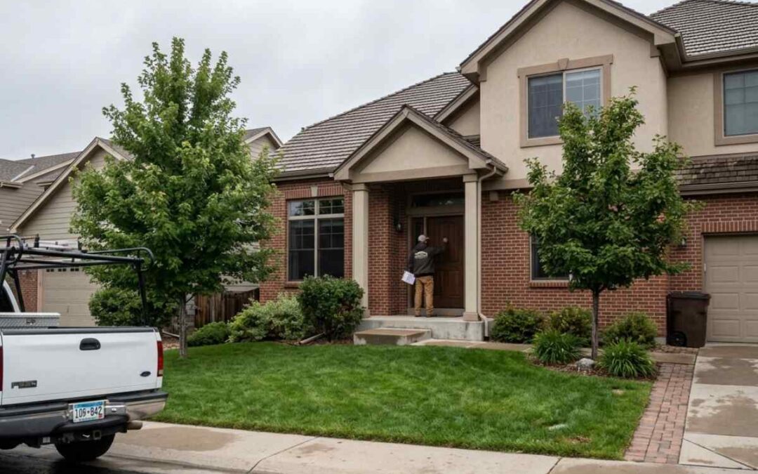 Contractor with out-of-state truck holding clipboard at suburban Colorado home door after hailstorm