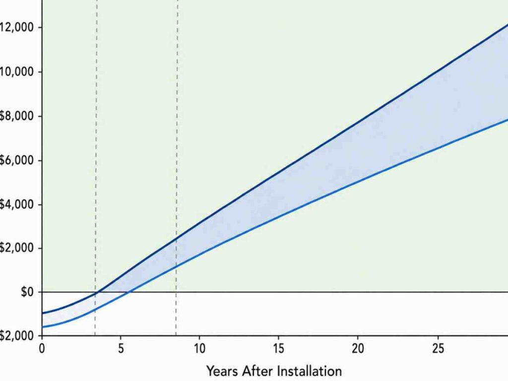 Chart showing cumulative net savings from Class 4 shingles over 30 years with breakeven window at years 3 to 7