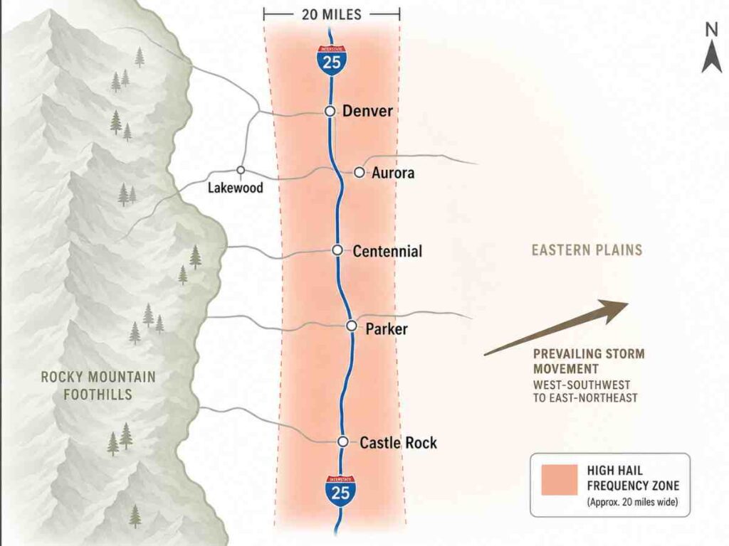Map of Colorado Front Range showing high hail frequency zone along I-25 from Denver south through Castle Rock and Parker