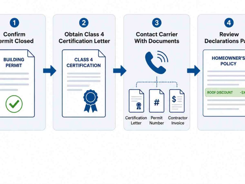 Four-step process flow from confirming closed permit through reviewing declarations page for Class 4 discount confirmation