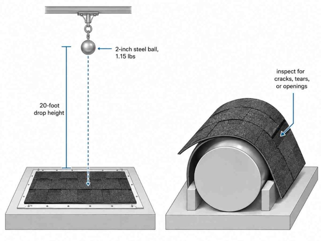 Diagram showing UL 2218 Class 4 test with steel ball drop from 20 feet and mandrel bend inspection of shingle back surface
