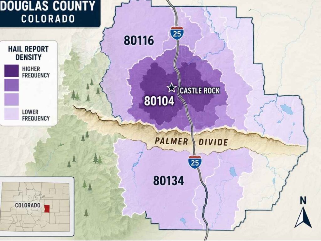 Map of Douglas County showing zip codes 80116, 80104, and 80134 shaded by hail-report density along the Palmer Divide and I-25.
