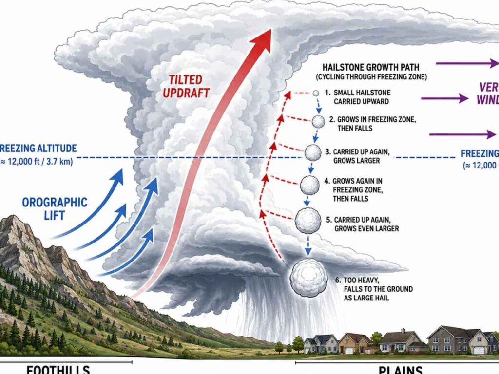 Cross-section of a supercell tilting against foothills, with a hailstone cycling through the freezing zone and growing before it falls.