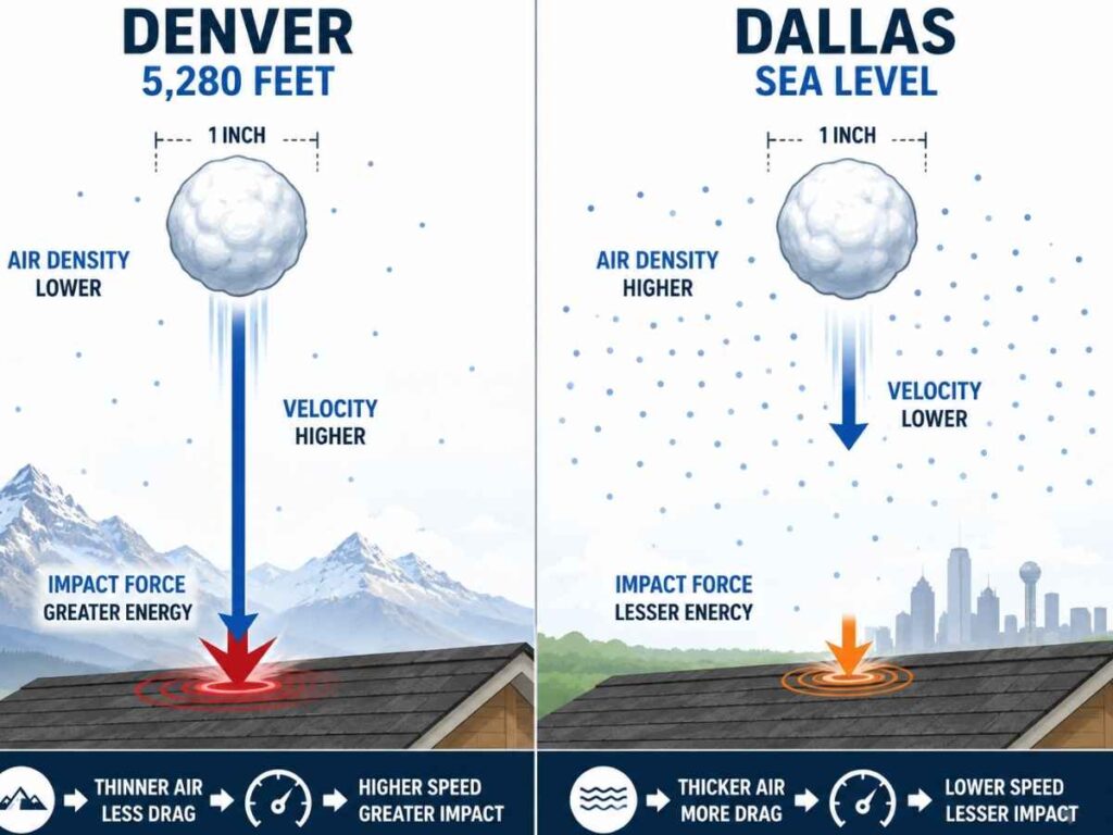 Two identical hailstones falling at Denver and Dallas elevations, showing lower air density and higher impact energy at altitude.