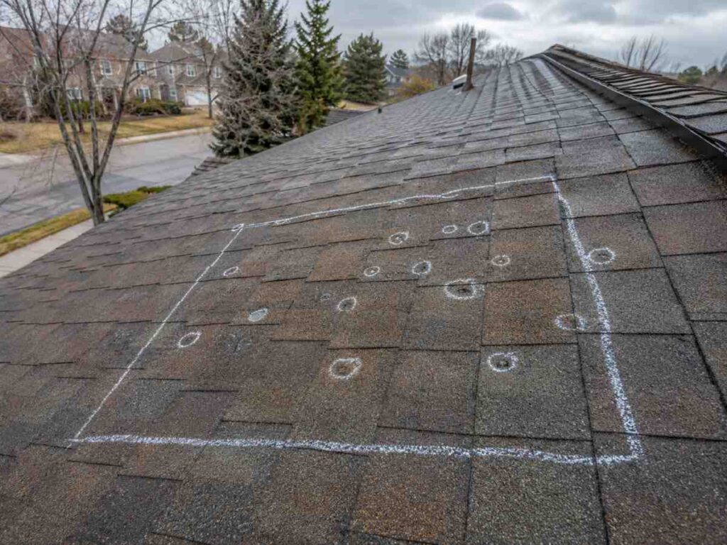 A chalked ten-by-ten-foot square on a shingle slope with hail impacts circled, the method adjusters use to count damage.
