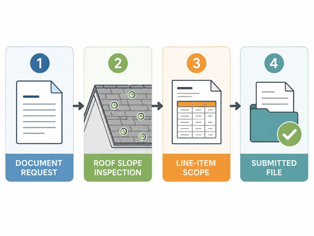Four-step sequence from written re-inspection request through contractor documentation to supplement submission and tracking.