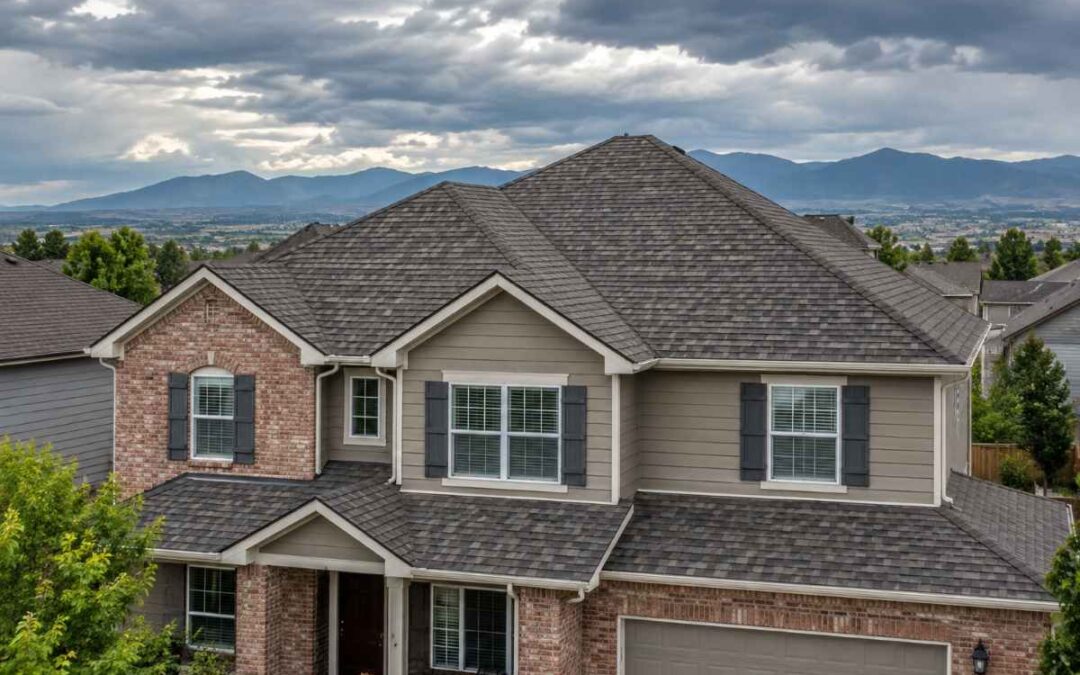 Two-story Denver-area home with new architectural asphalt shingle roof under an overcast post-storm sky