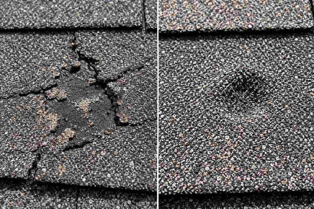 Close-up comparison of a cracked standard shingle with granule loss beside an intact Class 4 shingle after hail