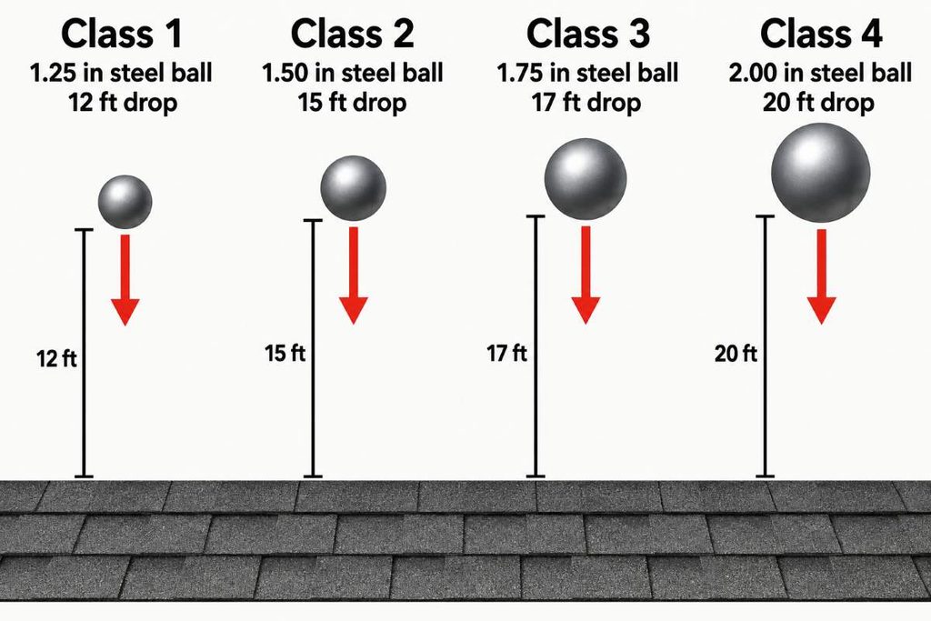 Diagram comparing steel-ball size and drop height across UL 2218 impact classes 1 through 4