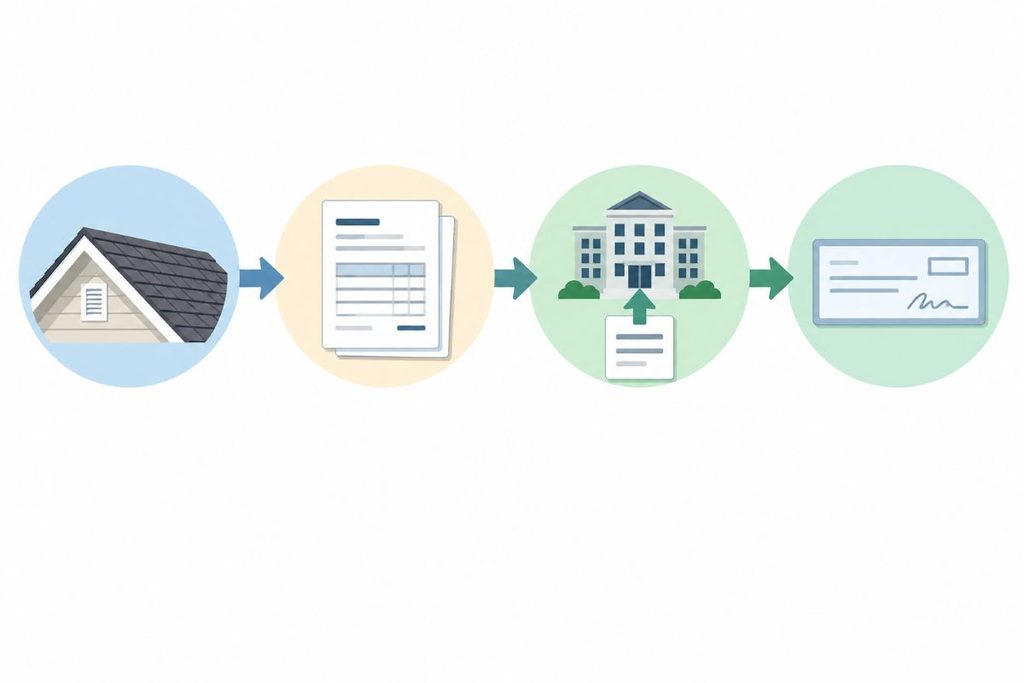 Four-stage process from completed roof to final invoice to insurer submission to the recoverable-depreciation check.