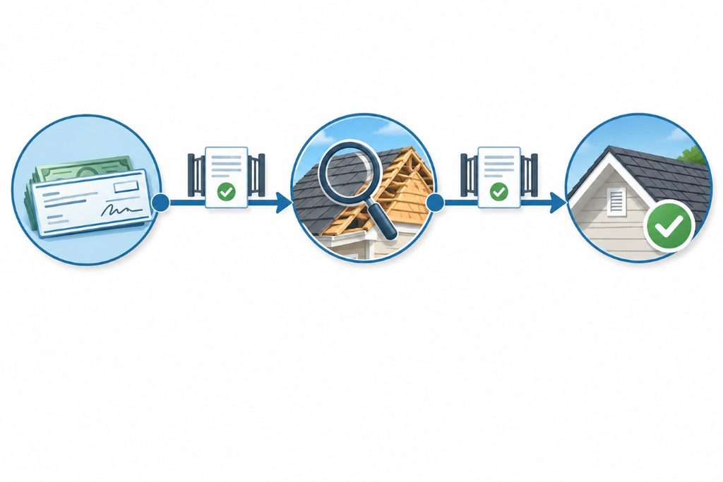 Three inspection-gated milestones showing a mortgage lender releasing roof insurance funds from initial deposit to final completion.